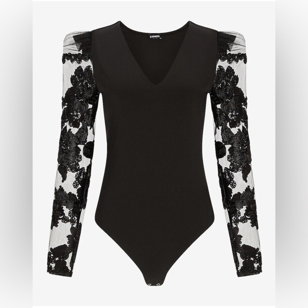 Express Floral Lace Sleeve Thong Bodysuit (xs) NWT